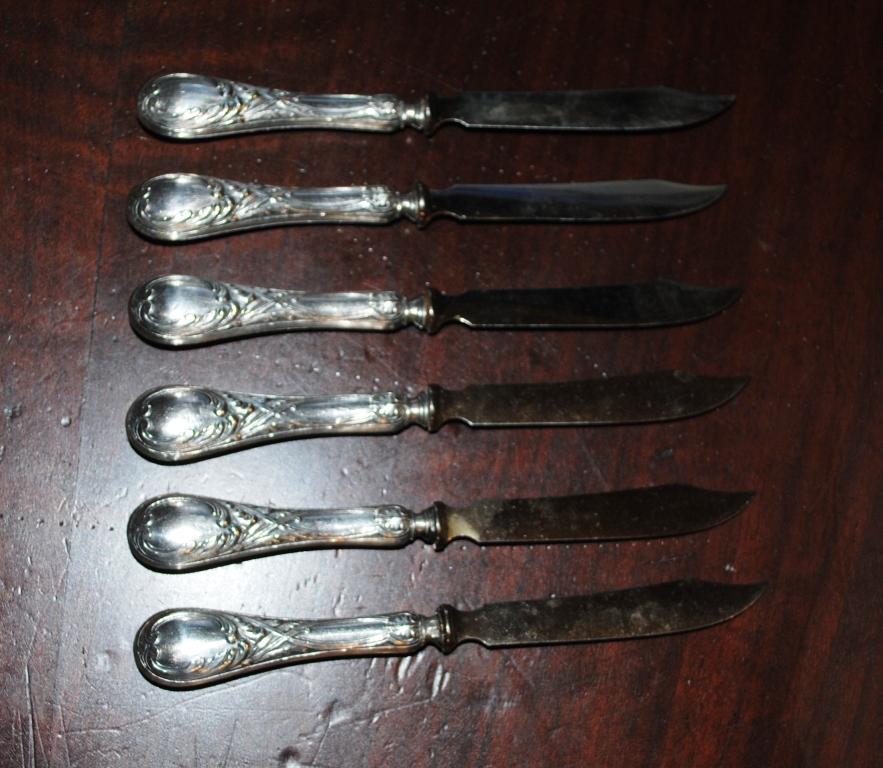 Ножи десертные старинные серебро 84 проба сталь золочение 6 штук Царская Россия