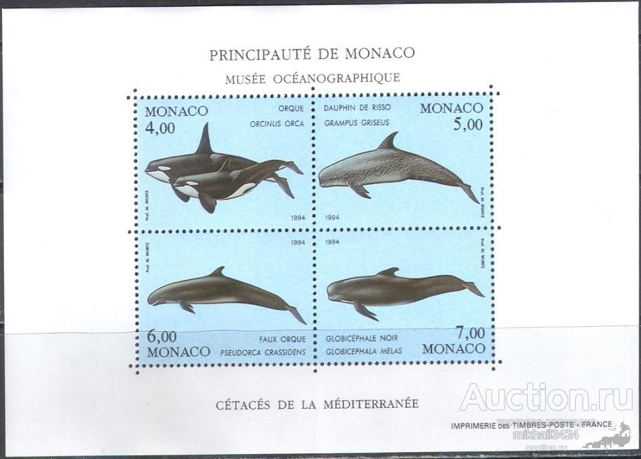 М3728 ✅ Морская Фауна Животные Киты Океанография 1994 Монако Блок ** 12МЕ
