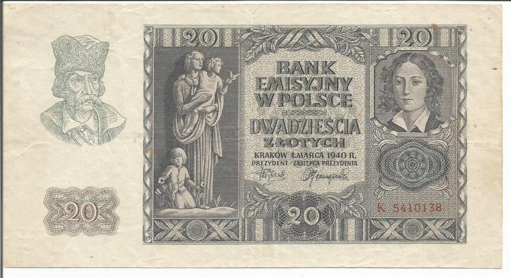Польша 20 злотых 01.03.1940 года литеры "K" XF (C.Milezak - 95a)