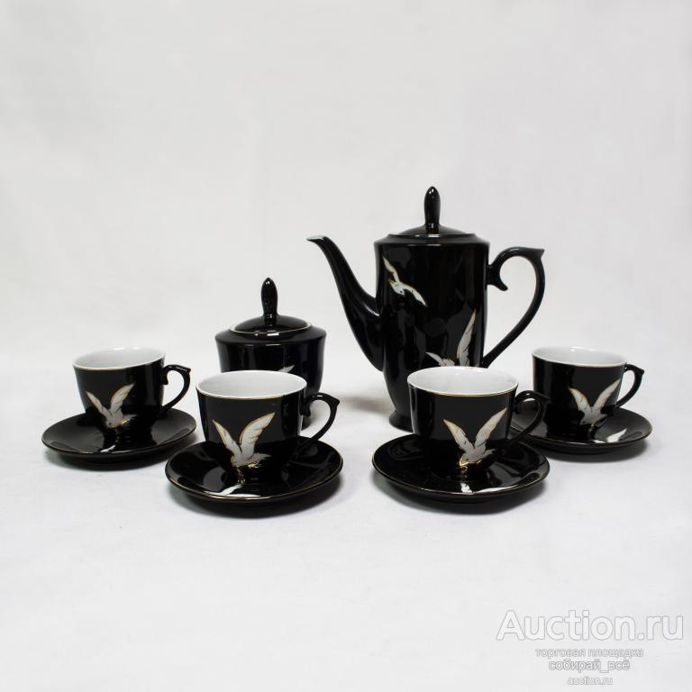 Сервиз кофейный Чайки, 4пары, чайник, сахарница, скол чашки, Китай