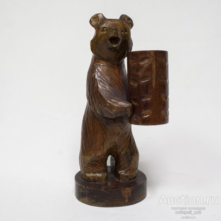 Сувенир башкирский Медведь с бочонком в руках, резьба по дереву, высота 31 см