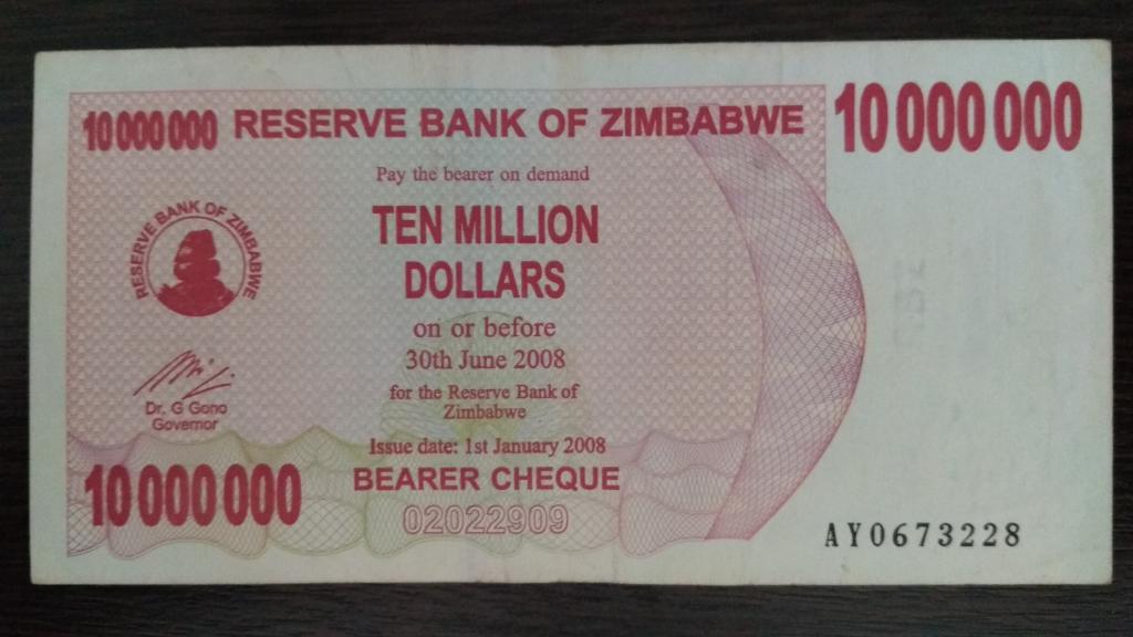 Банкноты.Зимбабве.2008.10 000 000 долларов.aUNC(чек)