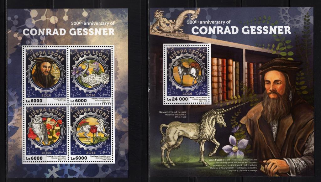 Съерра-Леоне, 2016г., швейцарский учёный-энциклопедист Конрад Геснер (лист+блок) **