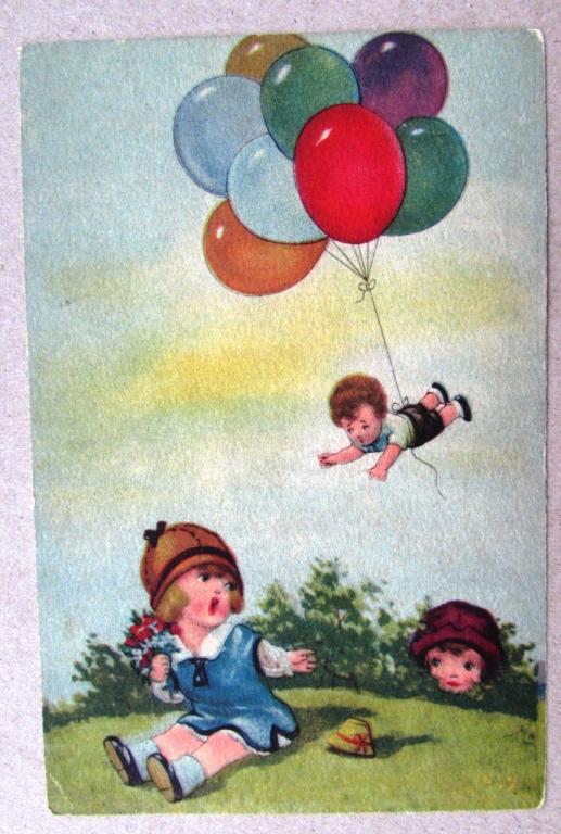 Дети на поляне с воздушными шарами Штемпель 1925