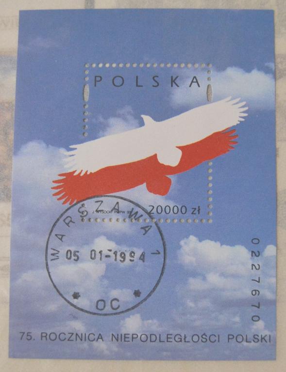 Польша 1993 г. 75 лет Республике. Орел М: блок 124 гаш