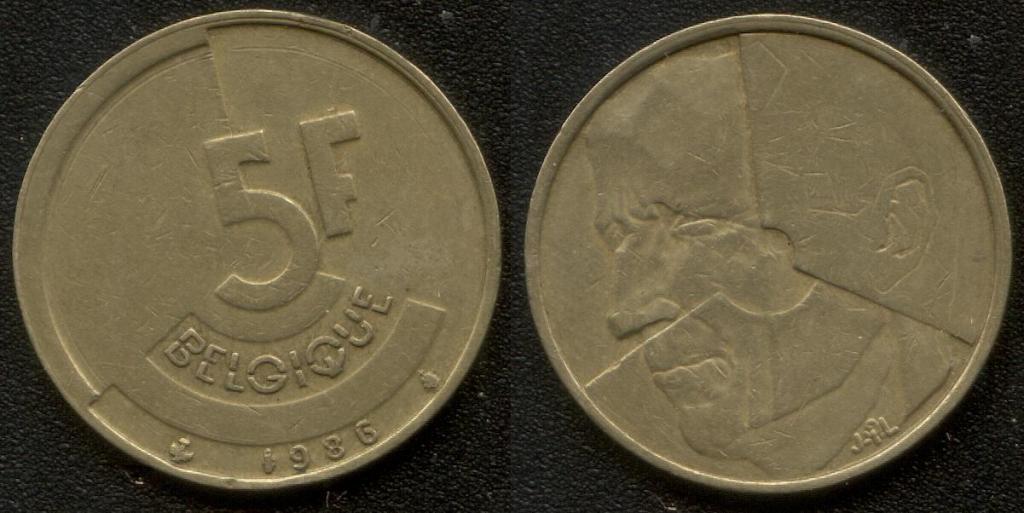 (036)Бельгия – 5 франков (1986), алюминиевая бронза (BELGIQUE), KM#163