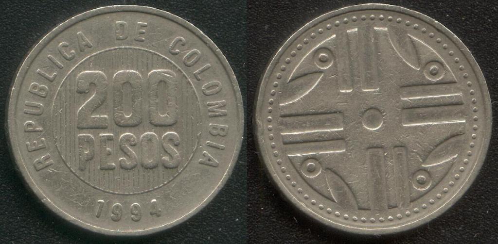 (192)Колумбия – 200 песо (1994), медно-никель-цинк, км#287