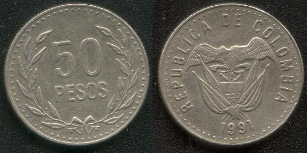 (191)Колумбия – 50 песо (1991), медно-никель-цинк, км#283.1