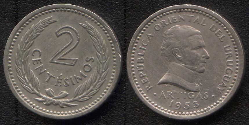 (194)Уругвай – 2 чентезимо (1953), медно-никель, км#33
