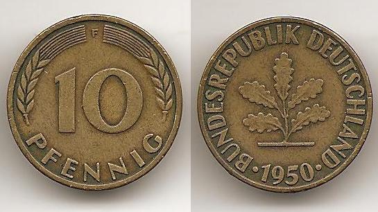 ФРГ DEUTSCHLAND Германия 10 пфеннигов 1950 F