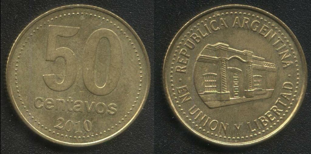 (315)Аргентина – 50 сентаво (2010)(бол. цифры номинала), алюминиевая бронза(здание) , KM#111