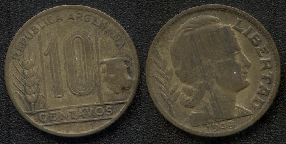 (299)Аргентина – 10 сентаво (1949), алюминиевая бронза, KM#41
