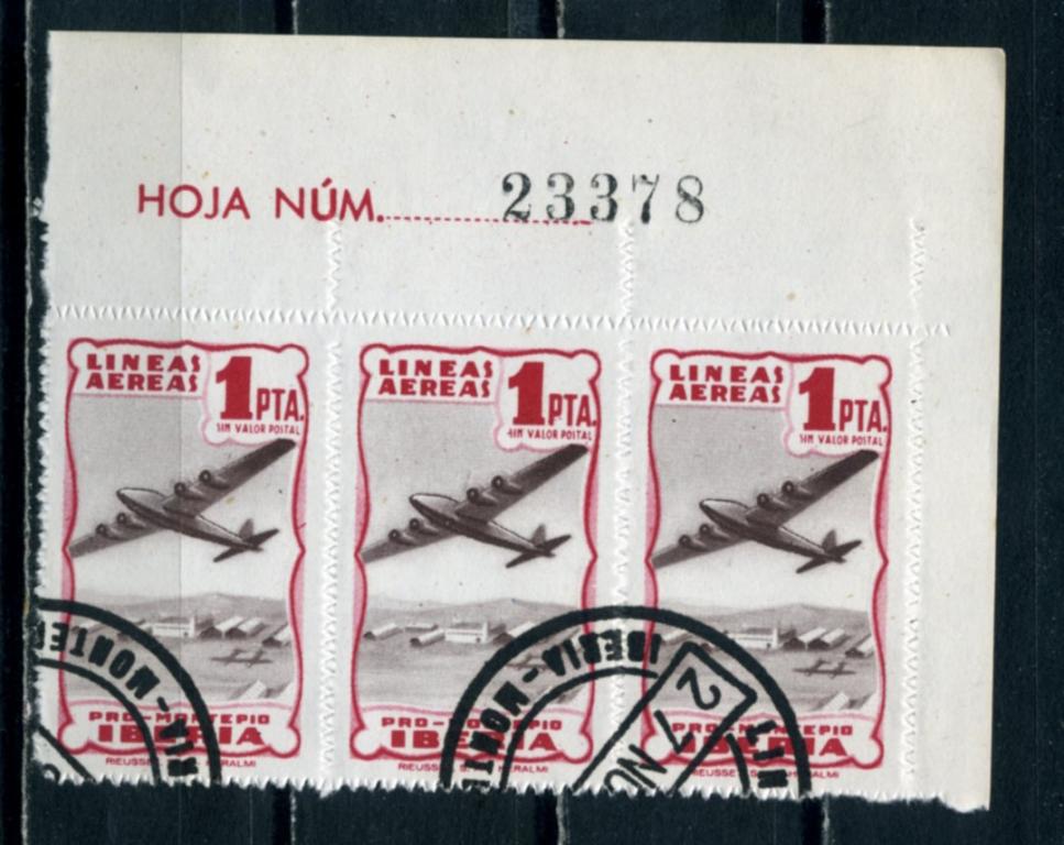 Испания. Авиация. Авиакомпания IBERIA. LINEAS AEREAS IBERIA. 3 марки С УГЛОВЫМИ ПОЛЯМИ. 1945.