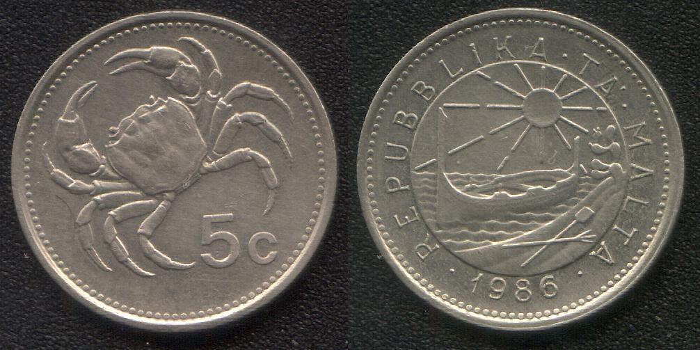 (325)Мальта – 5 центов (1986), медно-никель, KM77