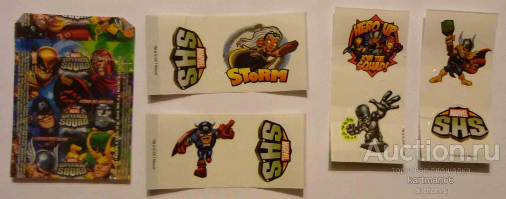 ОБЁРТКИ И НАКЛЕЙКИ ОТ ЖВАЧКИ SUPERHERO SQUAD 5 шт  Мексика