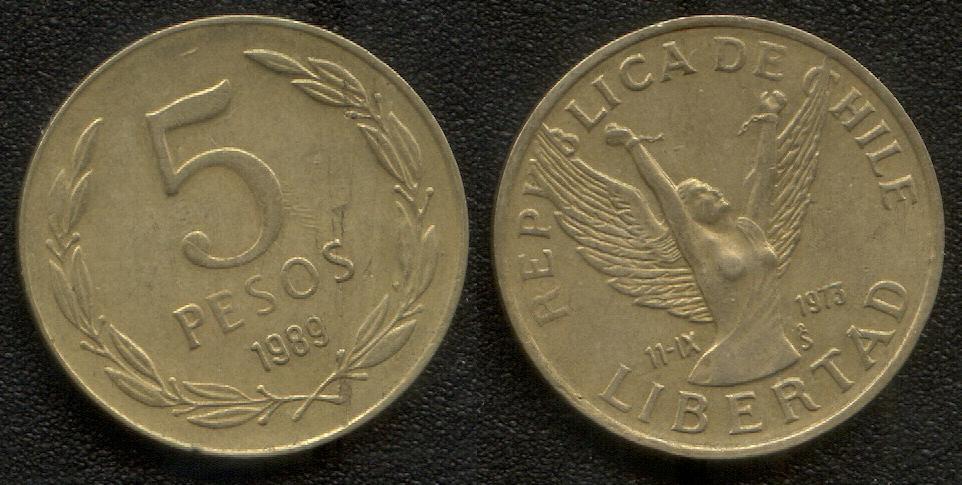 (342)Чили – 5 песо (1989), бронза, KM#217.2