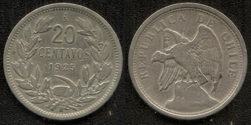 (335)Чили – 20 сентаво (1925), медно-никель, KM#167.1