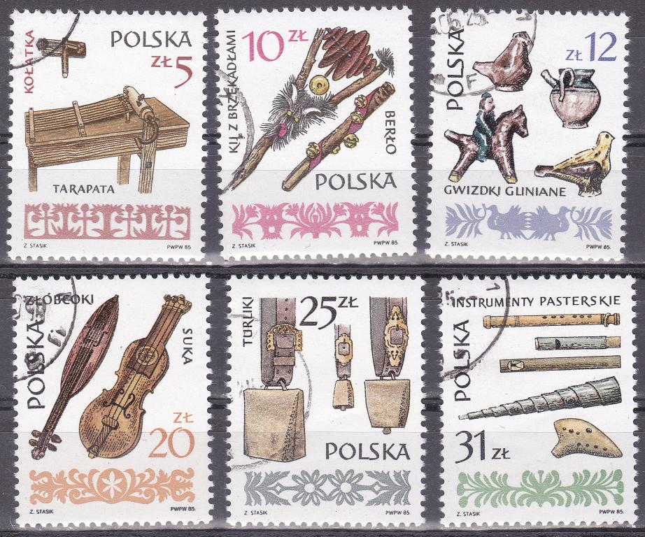 Марки Польша 1985 Музыкальные инструменты Серия 6 марок Mi 2979-84