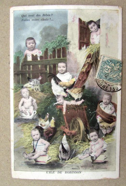 Малыши на сельском дворе с курицами 2 Штемпель 1906