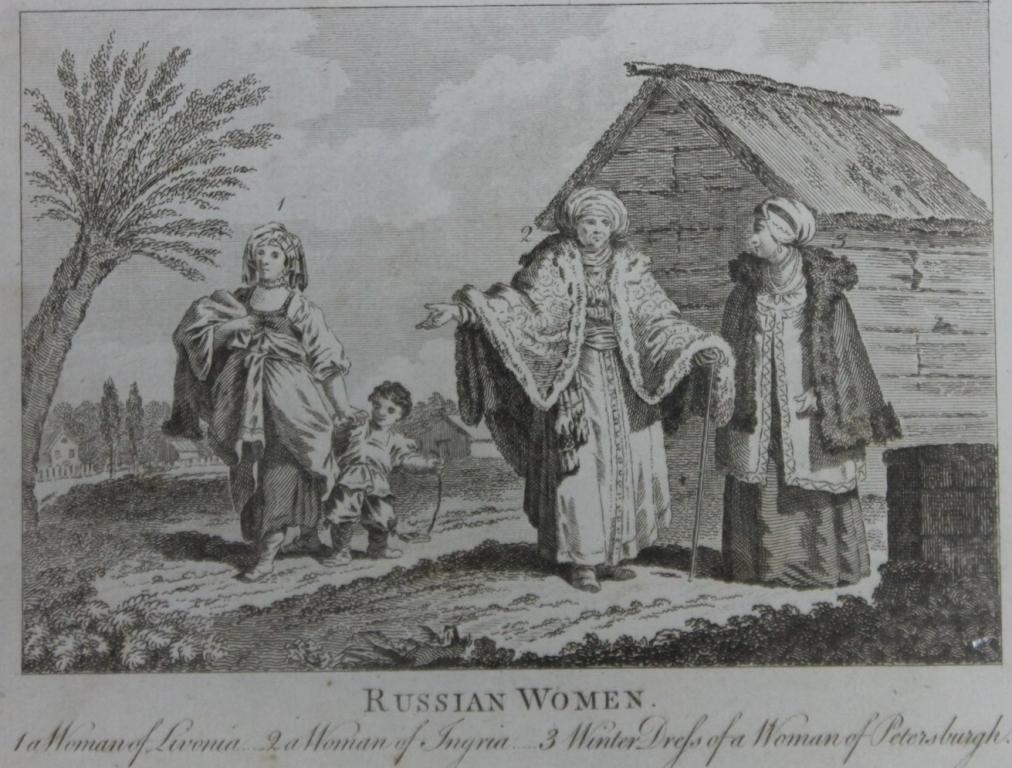 Гравюра "Русские женщины" Томас Бэнкс 1775-1797 Женщина Петербурга, Ливонии Одежда Типы