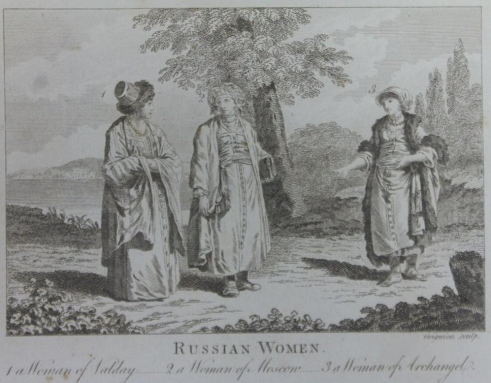 Гравюра "Русские женщины" Томас Бэнкс 1775-1797 Женщина Москвы, Валдая Архангельска Одежда