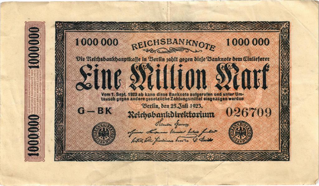 1000000 марок 1923, Германия, надпечатка на банкноте 20000 марок 1922г.