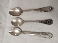 Серебряные чайные ложки. 3 штуки. СССР. 875, 916 пробы. Общий вес 77 грамм.