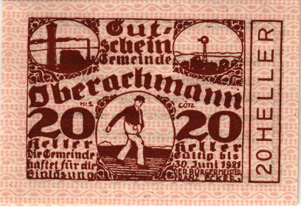 Австрия, нотгельд  Oberachmann 20 геллеров 1921 год, фон розовый
