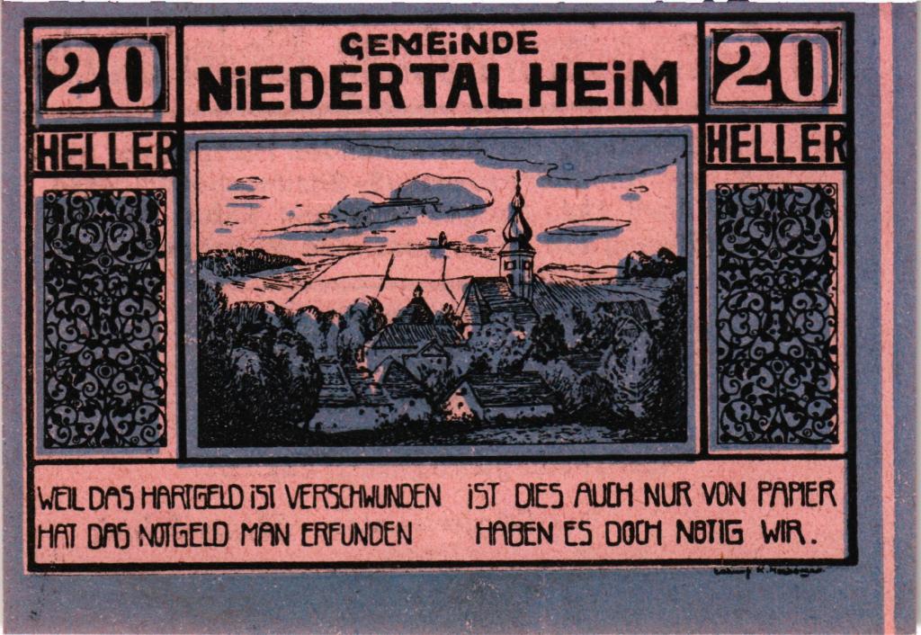 Австрия, нотгельд  Niedertalheim 20 геллеров 1920 год, фон розовый