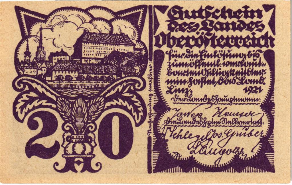 Австрия, нотгельд  Oberesterreich 20 геллеров 1921 год, коричневая