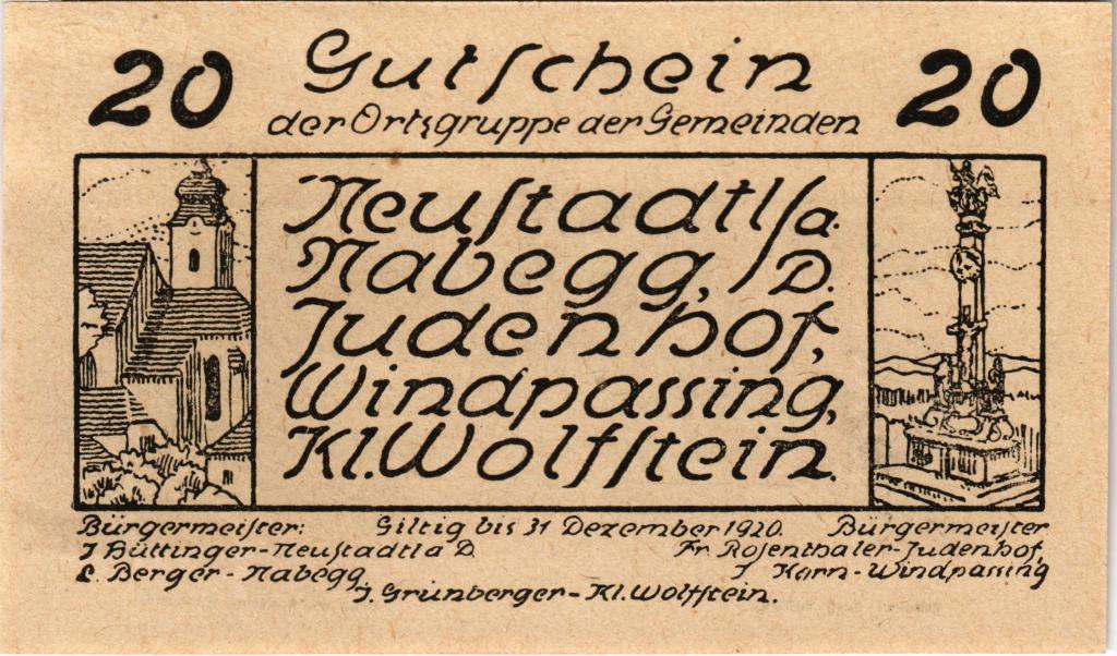 Австрия, нотгельд Neustadtl 20 геллеров 1920 год