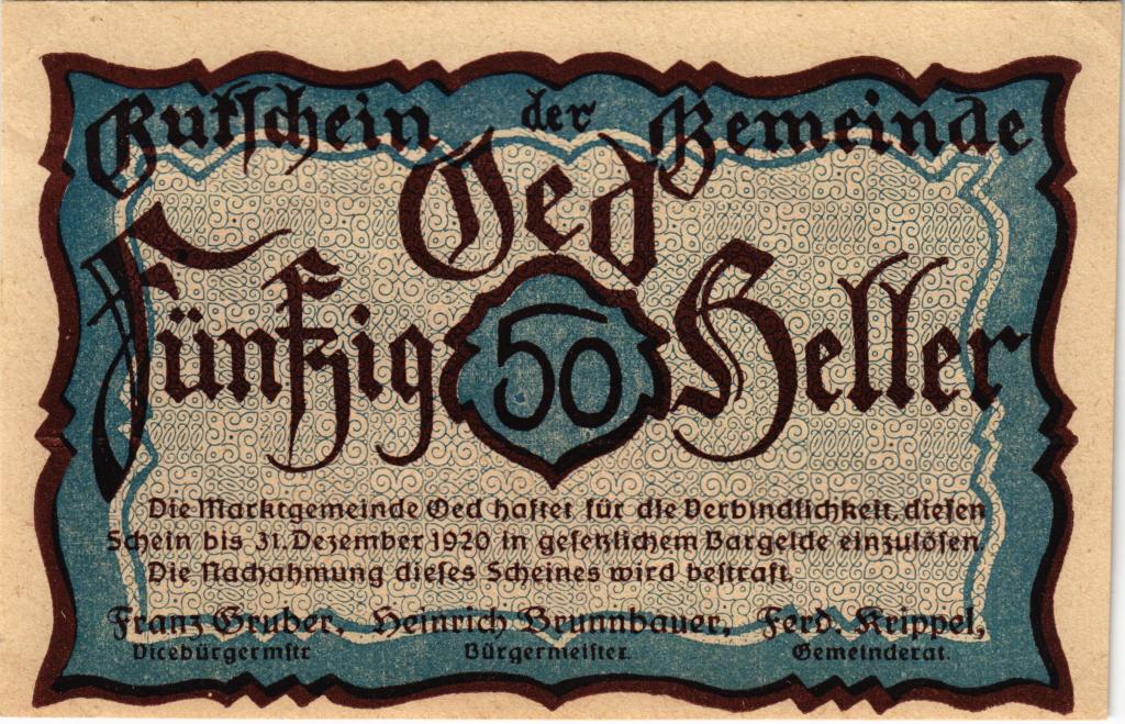 Австрия, нотгельд Oed 50 геллеров 1920 год