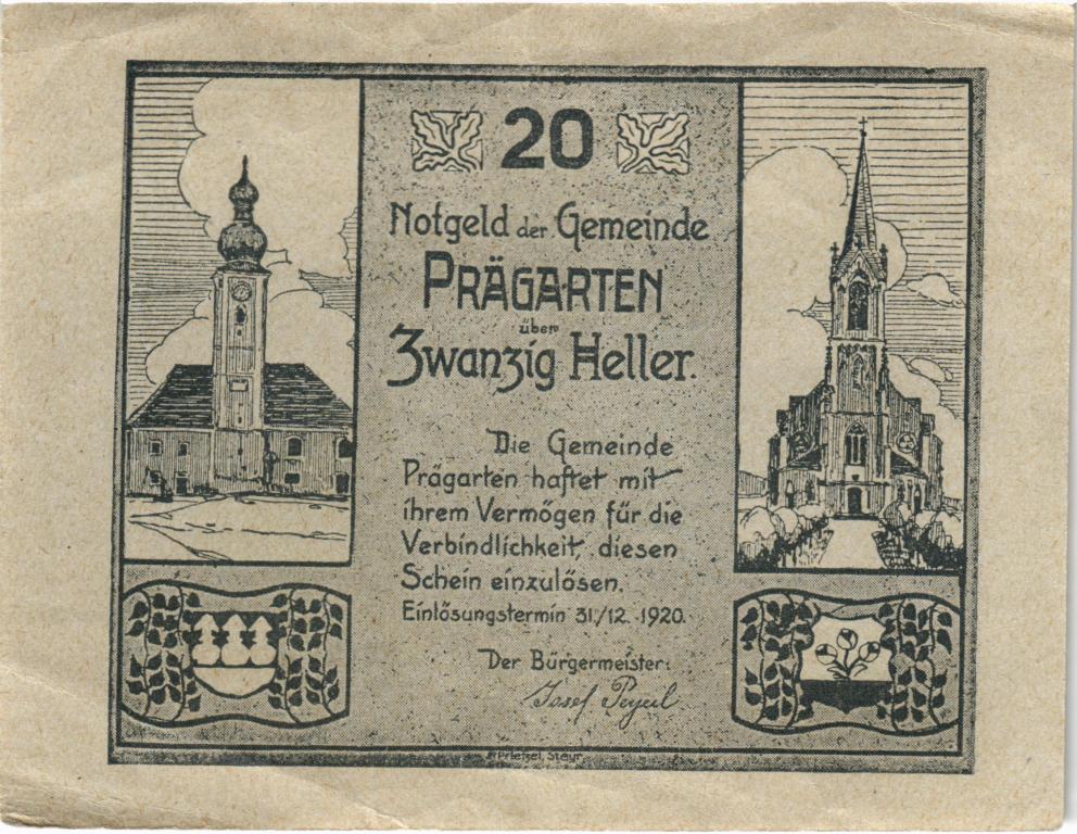 Австрия, нотгельд  Pregarten Prägarten 20 геллеров 1920 год, фон зеленый