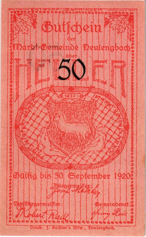 Австрия, нотгельд  Neulengbach 50 геллеров 1920 год