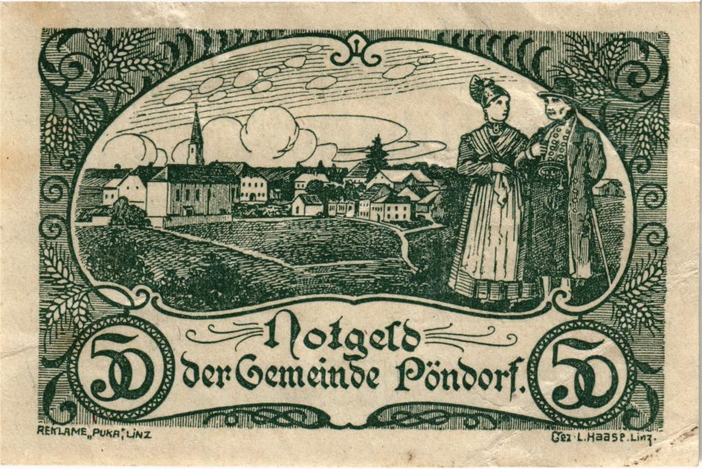 Австрия, нотгельд  Pondorf 50 геллеров 1920 год, зеленая