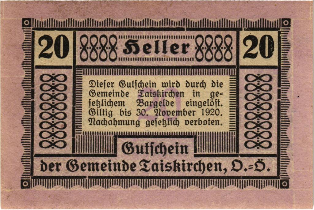 Австрия, нотгельд  Taiskirchen im Innkreis  20 геллеров 1920 год, синяя