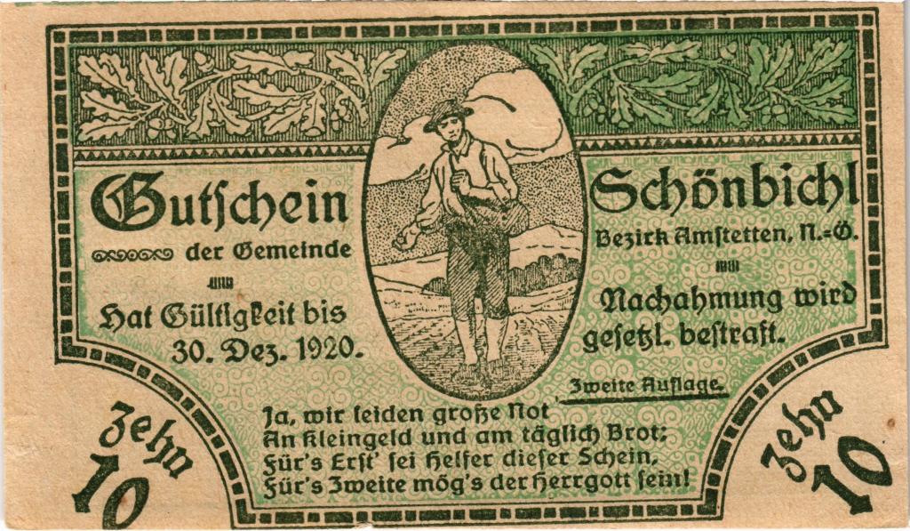 Австрия, нотгельд  Schönbichl 10 геллеров 1920 год