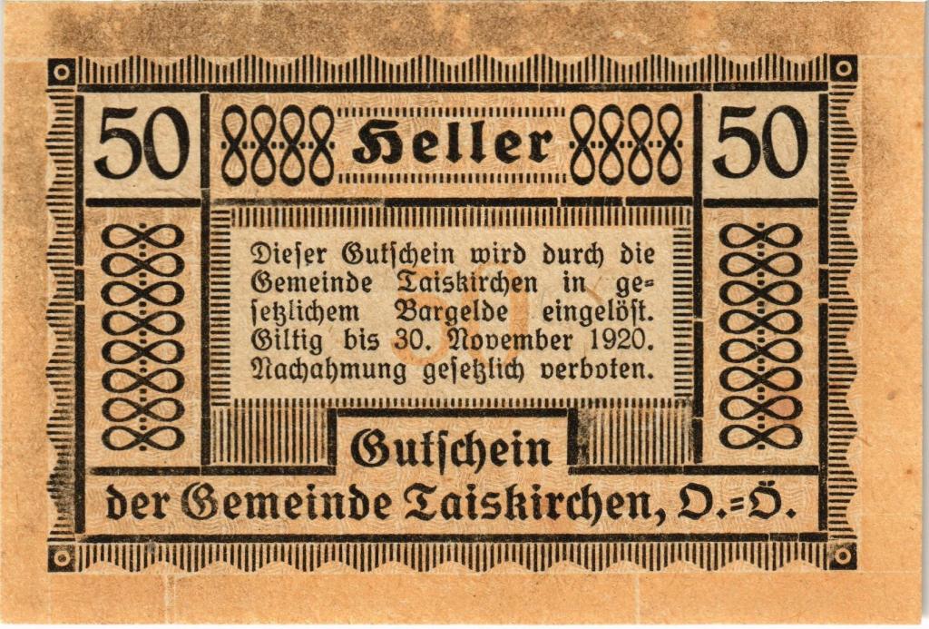 Австрия, нотгельд  Taiskirchen im Innkreis  50 геллеров 1920 год, синяя
