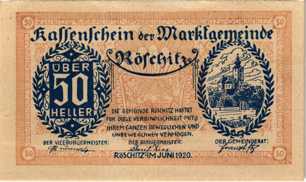 Австрия, нотгельд  Röschitz 50 геллеров 1920 год