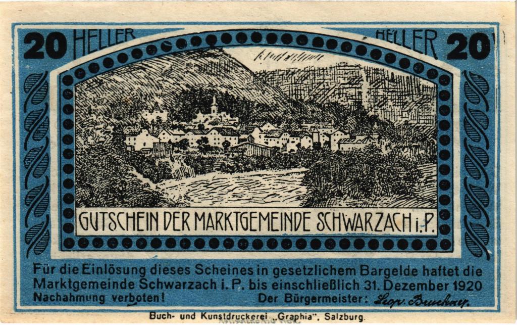 Австрия, нотгельд  Schwarzach im Pongau 20 геллеров 1920 год