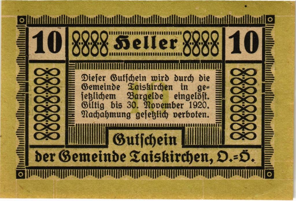 Австрия, нотгельд  Taiskirchen im Innkreis  10 геллеров 1920 год, синяя