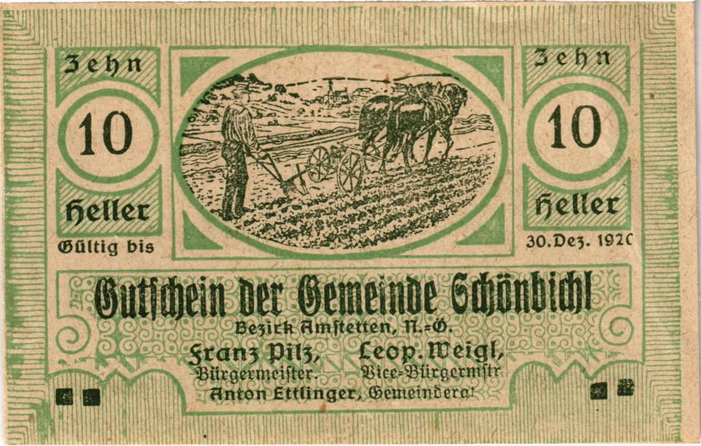 Австрия, нотгельд  Schönbichl 10 геллеров 1920 год