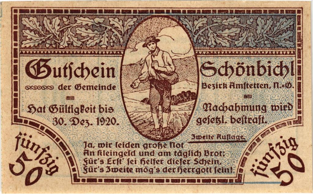 Австрия, нотгельд  Schönbichl 50 геллеров 1920 год