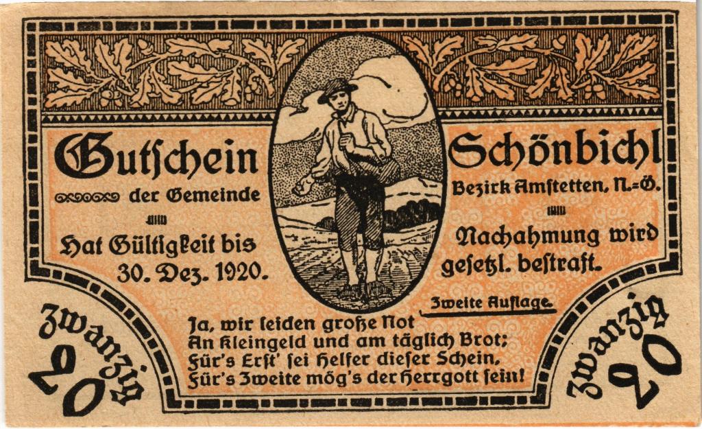 Австрия, нотгельд  Schönbichl 20 геллеров 1920 год