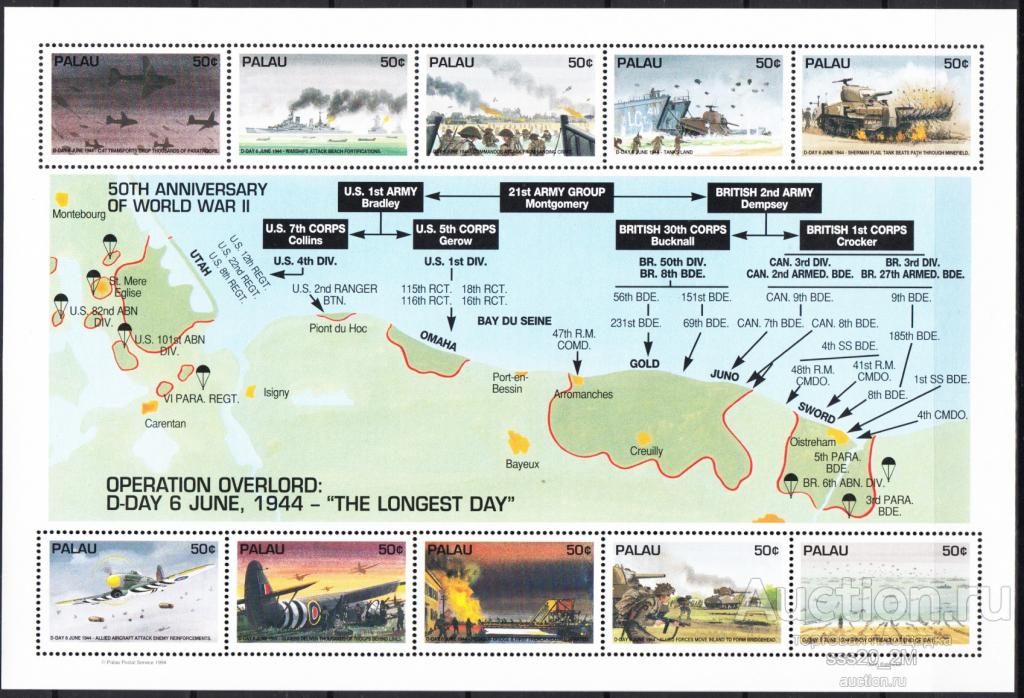 Палау 1994 история 2-й мировой операция Оверлорд MiBl25 MNH блок