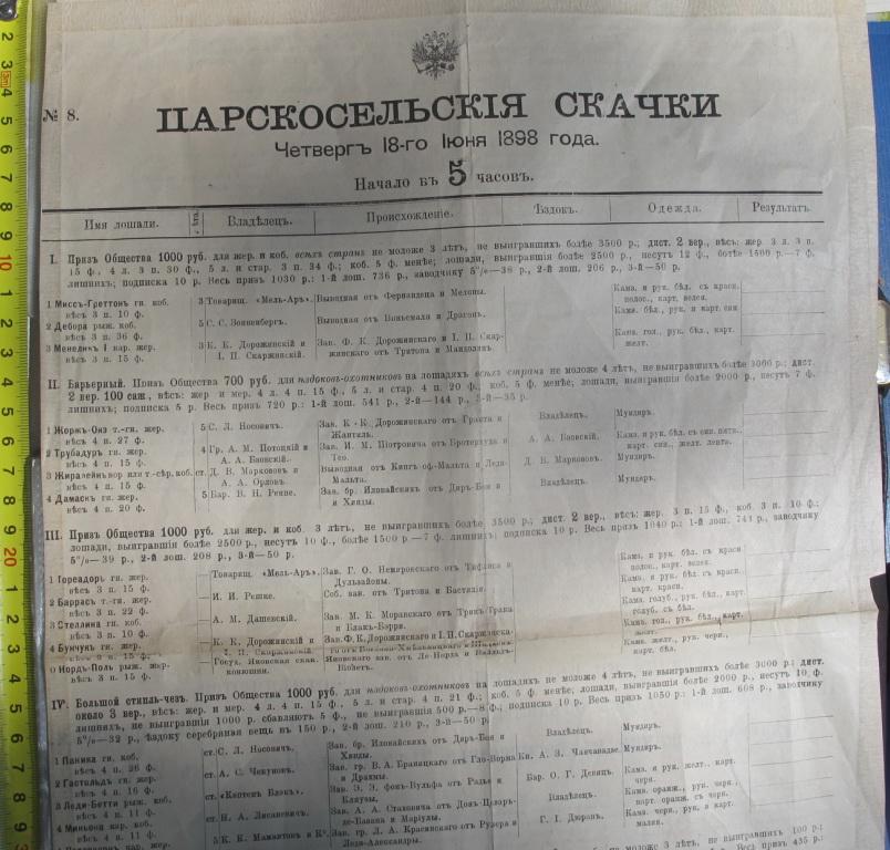 программа царскосельских скачек, 1898 год,царская Россия