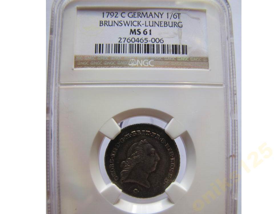 Брауншвайг-Люнебург 1/6 Талера 1792 год MS-61