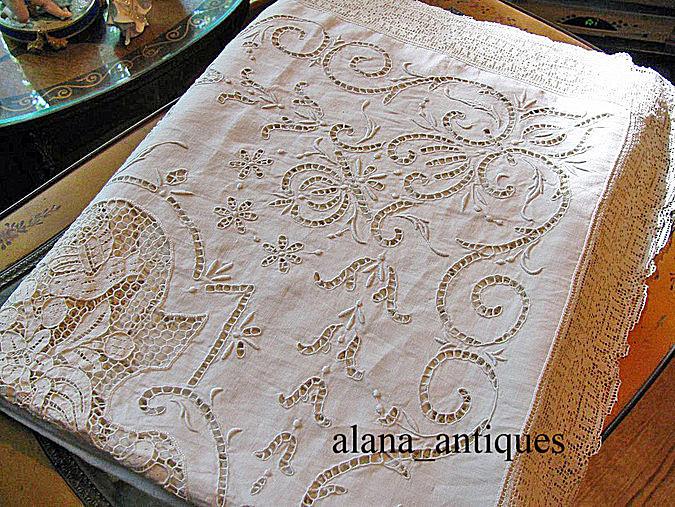 Старинная длинная скатерть 1920-е Италия кружево вышивка плетение 
