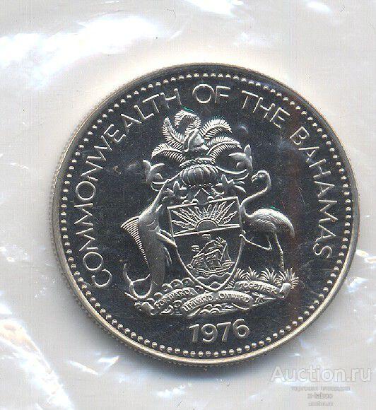 Багамские Острова (Багамы), 25 центов 1976 (багамский шлюп, парусник, геральдика, птицы на гербах)