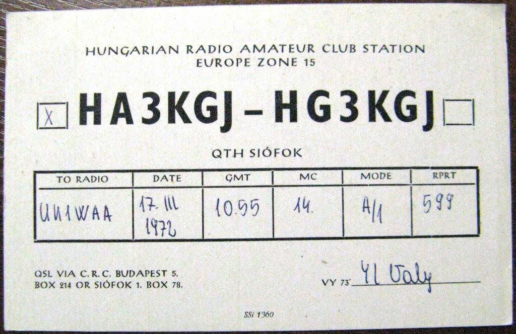 К22-297 QSL КАРТОЧКА РАДИООБМЕНА ВЕНГРИЯ 1972
